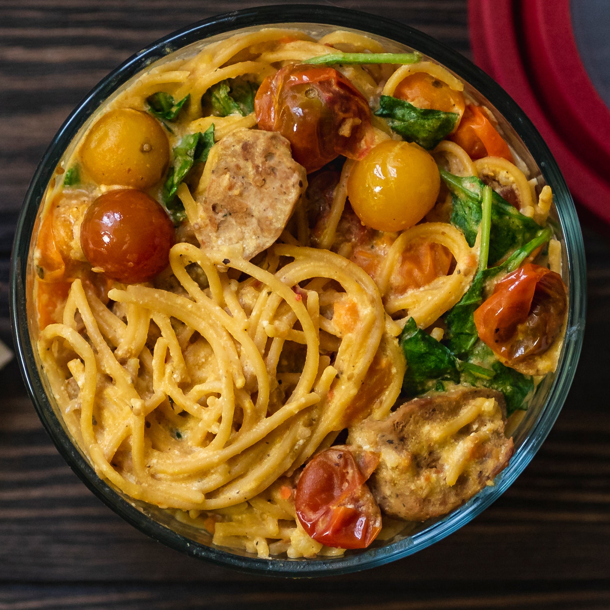 "Sausage" and Tomato Bake Spaghetti – Chickapea