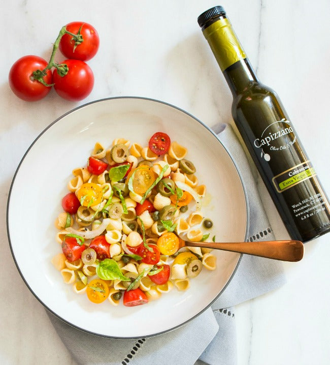 Easy Pasta Salad with Tomotoes, Olives & Basil